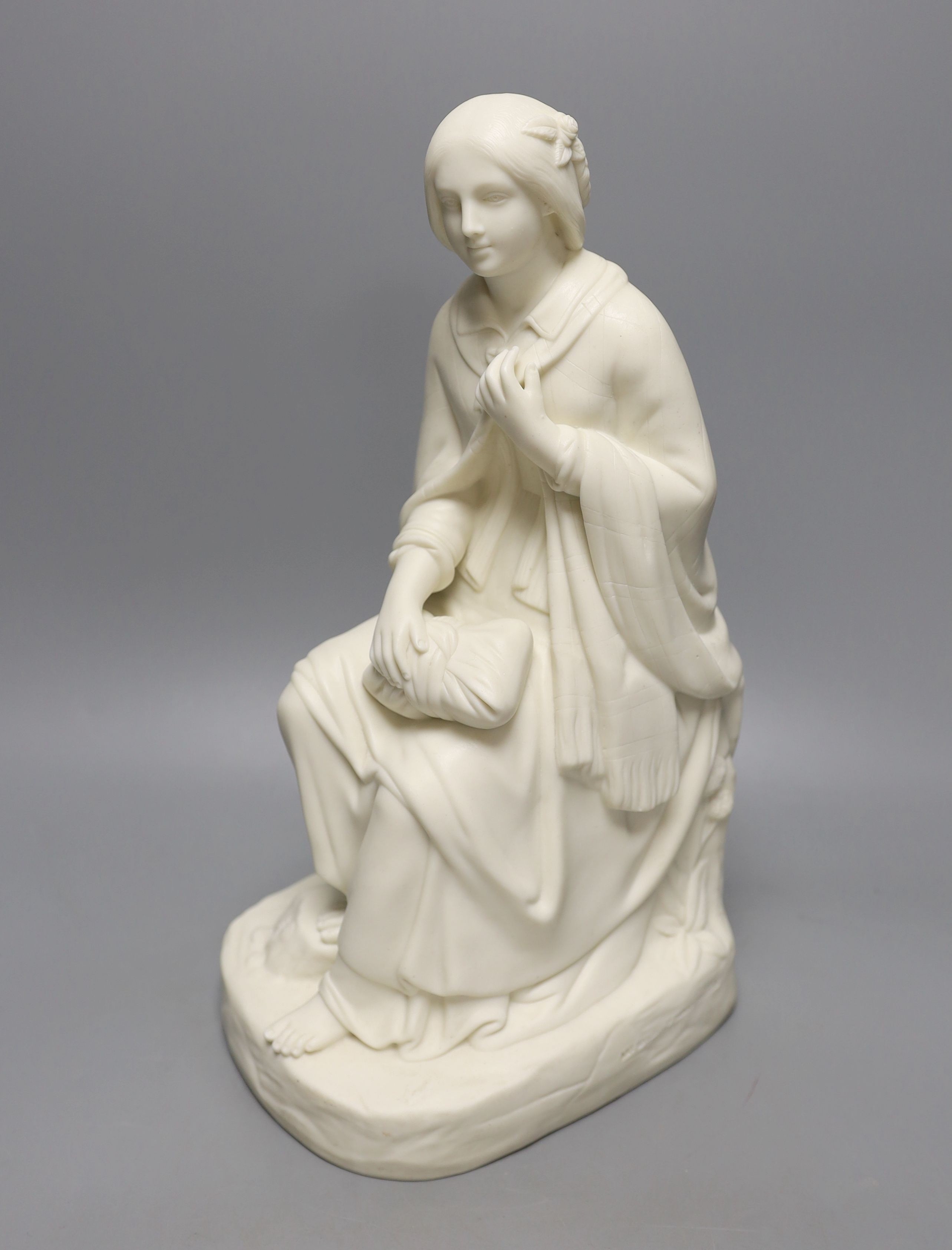 Art Union of Great Britain parian figure of a girl seated on a mound with a cloak on her back, c.1860 36cm